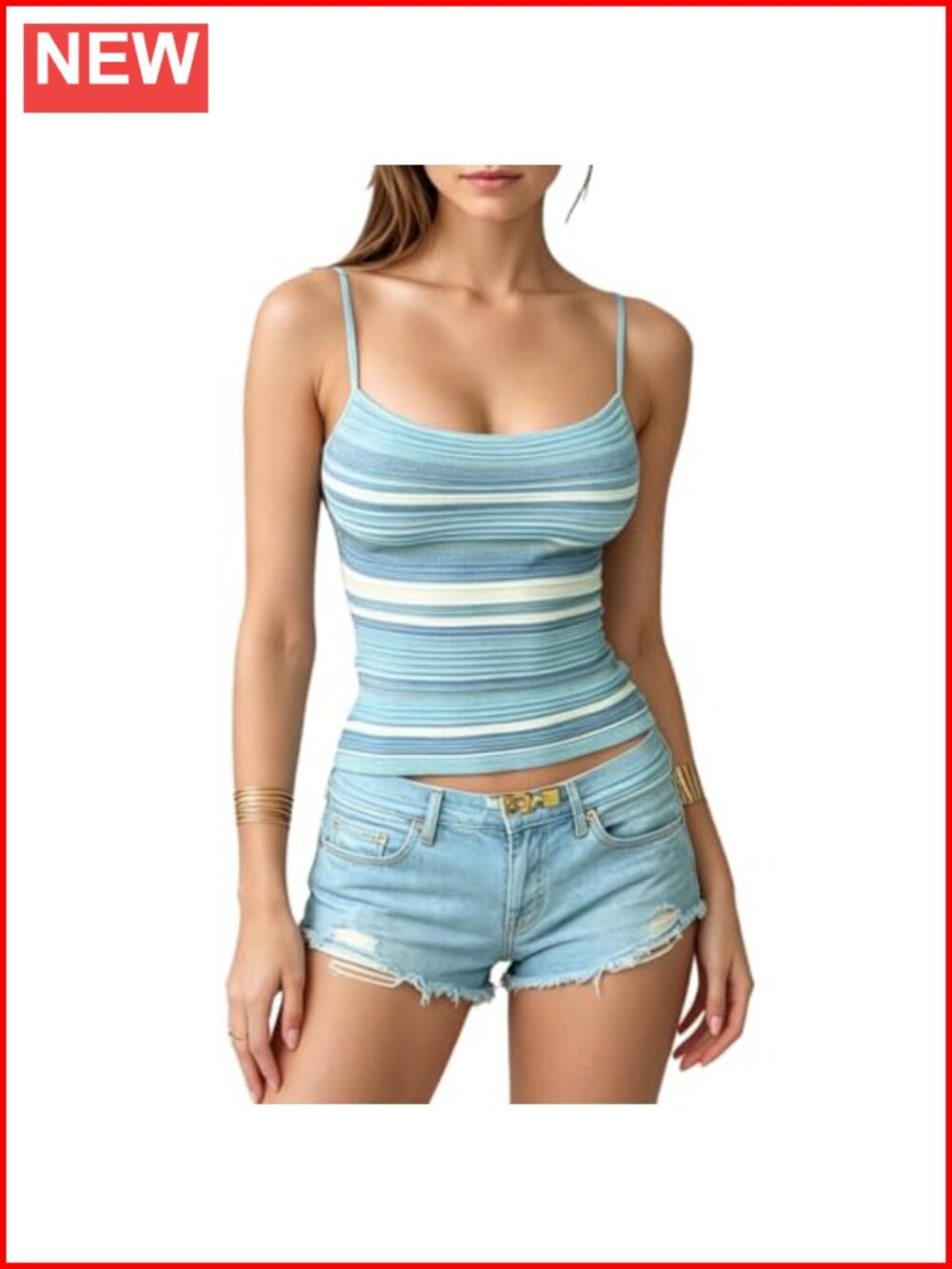 Women's Striped Knit Tank Top Slim Fit Square Neck Sleeveless Summer Cami